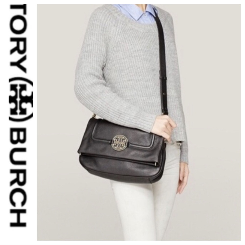 💕SALE💕Tory Burch Black Leather Amanda Fold Bag - Picture 2 of 10